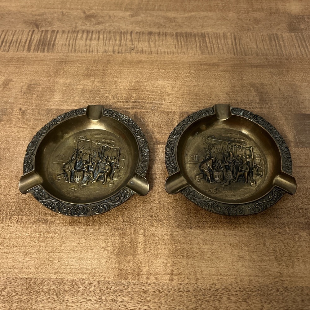 Vintage Lot Of 2 Brass Cigar Ashtray Ornate Grape Wine Celebration Scene